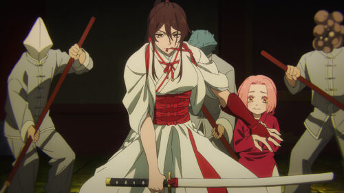Yuzuriha and Aza Chobei Anime Action Scene Desktop Wallpaper