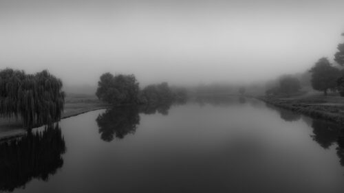 Ethereal Misty River and Weeping Willow Monochrome Desktop Wallpaper