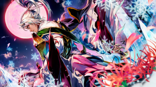 Anime Warrior with Silver Hair and Sword under Pink Moon 4K Wallpaper