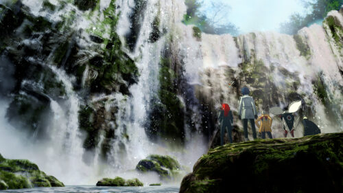 Anime Characters Standing Before a Majestic Waterfall Desktop Wallpaper
