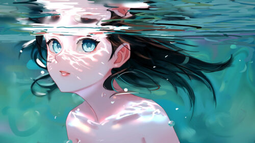 Beautiful Anime Girl Underwater With Rippling Light Effects 4K Wallpaper