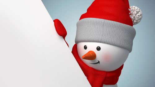 Cute Snowman with Red Scarf and Santa Hat Holding Sign PC Wallpaper
