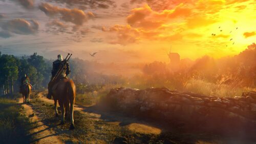Geralt of Rivia Riding Through Velen Sunset The Witcher 3 PC Wallpaper