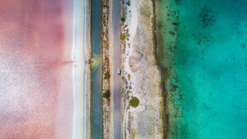 Stunning Aerial View of Pink Salt Lake and Turquoise Ocean Split Road PC Wallpaper
