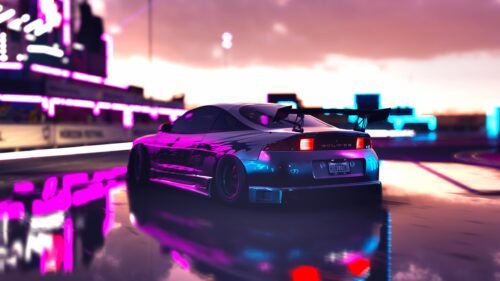 Modified Mitsubishi Eclipse GSX in Neon Cyberpunk Cityscape 4K Wallpaper