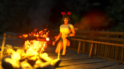 Stunning Woman with Reindeer Antlers Relaxing by a Campfire PC Wallpaper