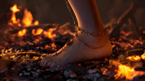 Elegant Barefoot Jewelry Over Glowing Embers Desktop Wallpaper