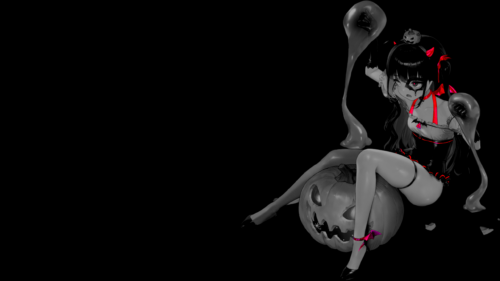Anime Halloween Girl Sitting on Jack O Lantern Black Aesthetic PC Wallpaper