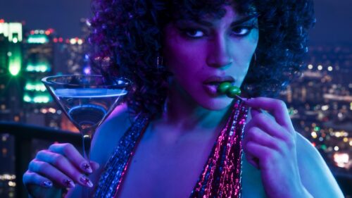 Stunning Woman with Martini and Neon City Lights Desktop Wallpaper