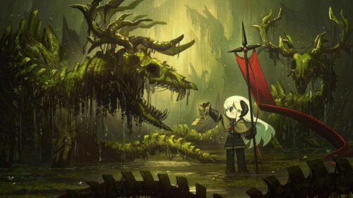 Chibi Anime Girl and Mossy Ancient Dragon Skeleton Forest PC Wallpaper