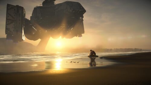 Cinematic Sci-Fi Sunset Beach with Futuristic Spaceship Desktop Wallpaper