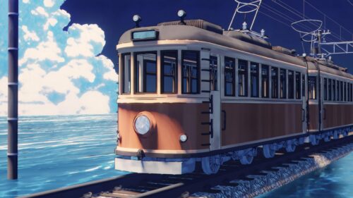 Anime Style Vintage Train Over The Ocean Desktop Wallpaper