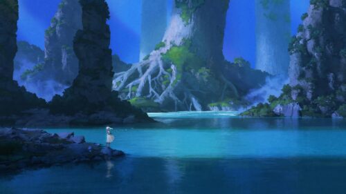 Fantasy Landscape with Girl and Blue Lake Digital Art 4K Wallpaper
