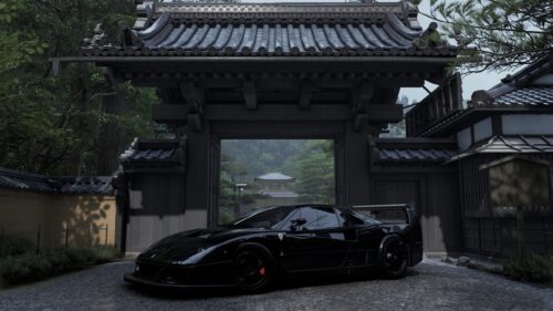 Black Ferrari F40 Modified Supercar at Traditional Japanese Gate PC Wallpaper