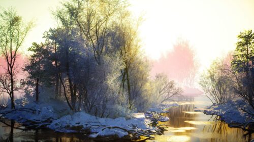 Breathtaking Snowy Forest River at Sunrise 4K PC Wallpaper