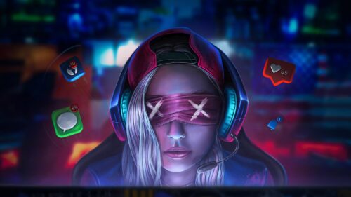 Gamer Girl with Social Media Notifications Cyberpunk PC Wallpaper