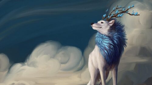 Mystical Spirit Wolf with Blue Antlers Fantasy Art PC Wallpaper