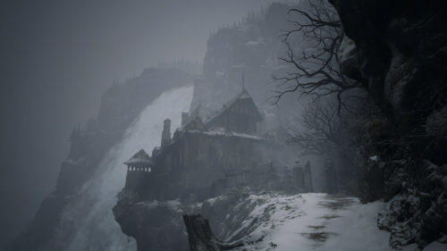 Gothic Castle Near Misty Waterfall in Snowy Mountains PC Wallpaper