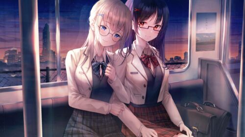 Two Anime Schoolgirls Riding Train at Sunset Desktop Wallpaper