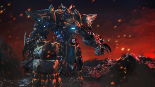 Epic Fantasy Mech Warrior in Volcanic Battlefield 4K PC Wallpaper