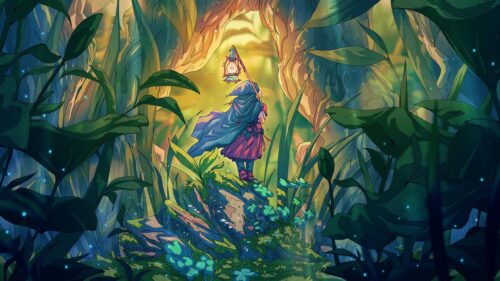 Enchanted Forest Traveler with Glowing Lantern Anime Fantasy Desktop Wallpaper