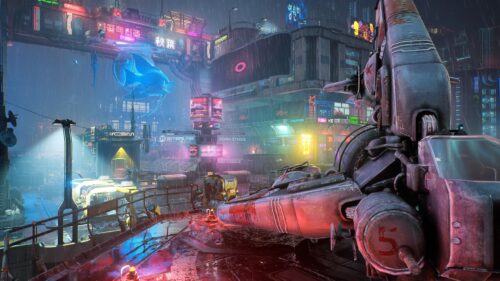 Futuristic Cyberpunk Cityscape with Flying Neon Tech and Rainy Streets PC Wallpaper