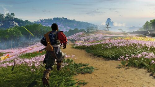 Jin Sakai Running Through Flower Fields Ghost of Tsushima 4K Wallpaper