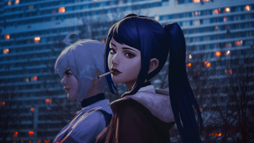Anime Girls Smoking in City at Night 4K PC Wallpaper
