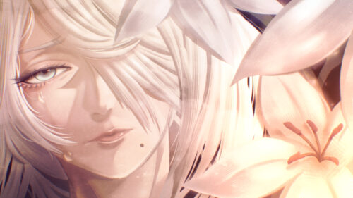 Beautiful Anime Girl with White Hair and Flowers Aesthetic 4K Wallpaper