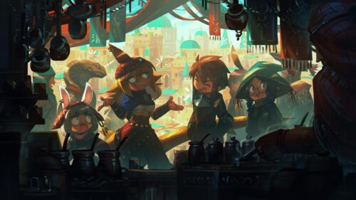 Fantasy RPG Adventure Party in a Vibrant Bazaar Desktop Wallpaper