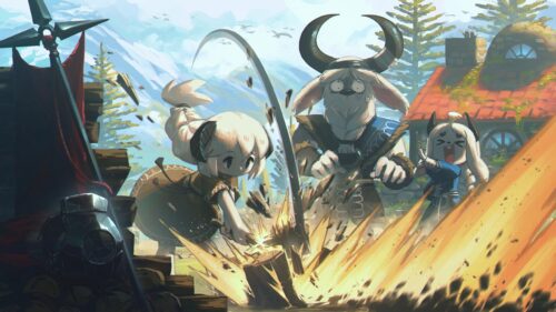 Anime Chibi Characters Chopping Wood Fantasy Scene 4K Desktop Wallpaper