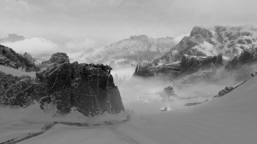 Horizon Zero Dawn Snowy Mountain Landscape with Machine Beast 4K Wallpaper