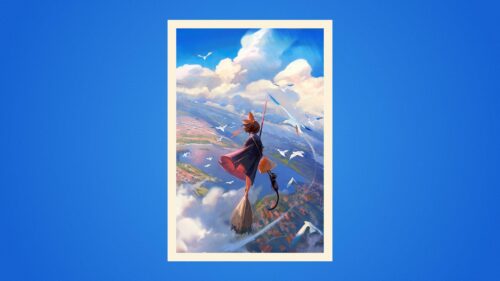 Kiki Flying on Broomstick with Jiji Over Scenic Town Anime 4K Wallpaper