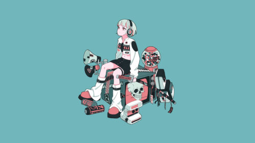 Anime Girl Sitting on Retro Tech with Skull Art 4K PC Wallpaper