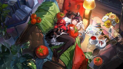 Cozy Anime Girl Resting with Tomatoes and Art Supplies Desktop Wallpaper