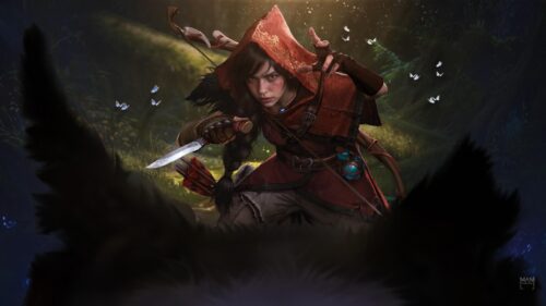 Fantasy Archer Girl in Red Hood Forest Hunt 4K PC Wallpaper
