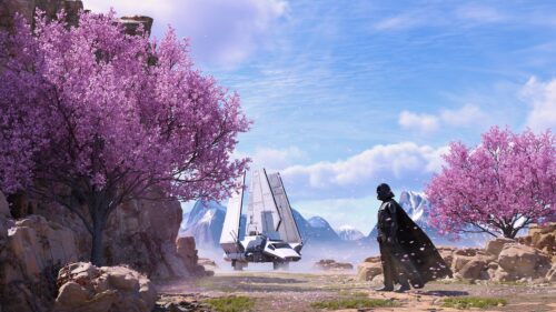 Darth Vader Standing Under Sakura Trees with Imperial Shuttle PC Wallpaper