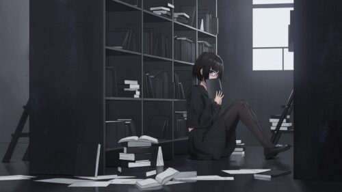 Anime Girl Reading in a Quiet Dark Library Aesthetic PC Wallpaper