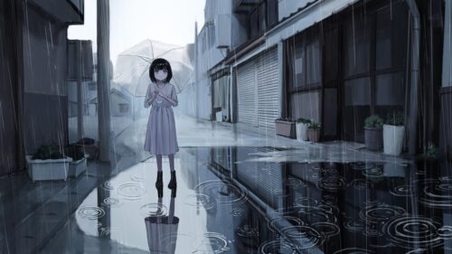 Anime Girl Standing in Rain with Umbrella Desktop Wallpaper