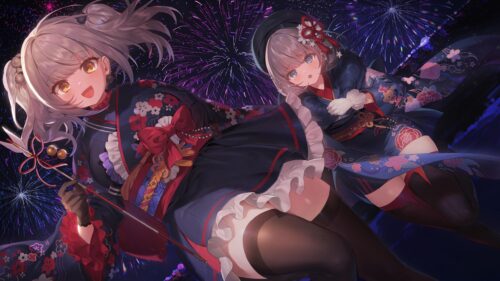 Anime Girls in Kimono Watching Fireworks Celebration 4K PC Wallpaper