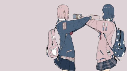Anime School Girls Sharing Lunch Aesthetic Minimalist PC Wallpaper