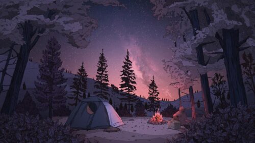 Cozy Camping Under the Milky Way Galaxy Anime Style PC Wallpaper