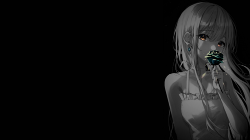 Anime Girl Holding Blue Rose Minimalist Dark 4K Wallpaper