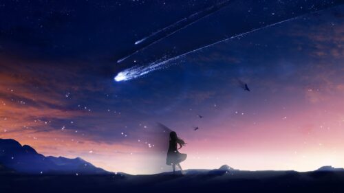Anime Girl Watching Shooting Stars at Sunset Horizon PC Wallpaper