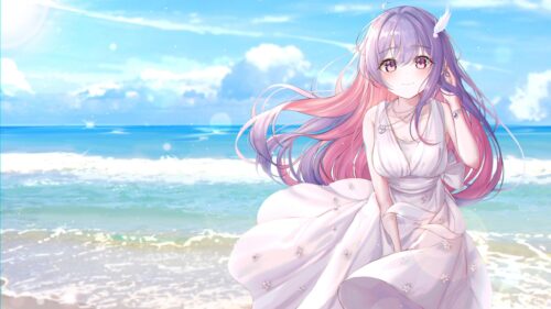 Beautiful Anime Girl in White Dress at the Tropical Beach 4K Wallpaper