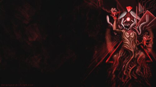 Surreal Dark Cybernetic Horror Entity with Red Glowing Elements PC Wallpaper