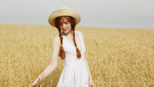 Beautiful Redhead Woman in Summer Wheat Field PC Wallpaper