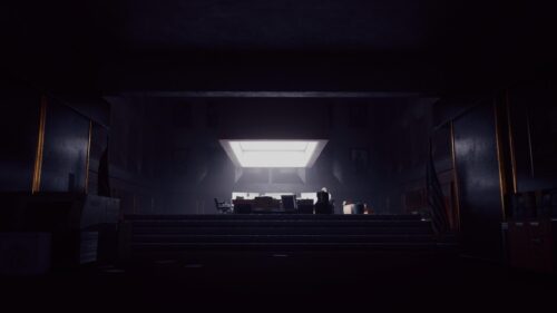 Mysterious Office Interior with Dramatic Lighting Desktop Wallpaper