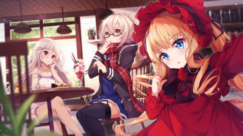 Three Cute Anime Girls at Cafe Scene High Resolution PC Wallpaper