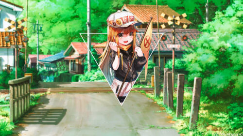 Cute Anime Girl with Flag in Summer Japanese Town PC Wallpaper